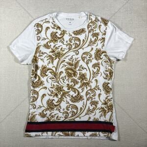 GUESS Women’s Baroque Floral Print T-Shirt White Gold Red Stripe Style M
